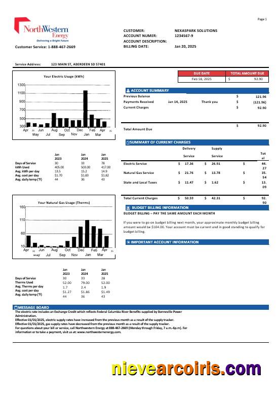 USA NorthWestern Energy business utility bill, version 1